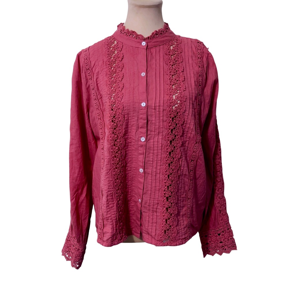 Jennifer & Grace Pink Eyelet Lace Pintuck Button Down Blouse Size L Cottagecore